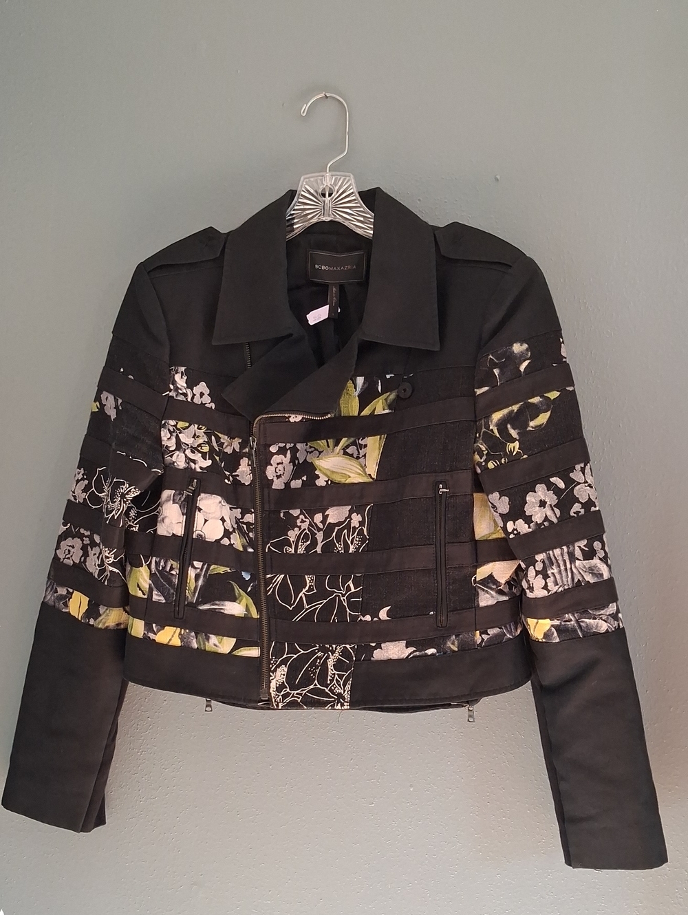 BCBGMaxAzria Black Floral-Panel Moto Blazer